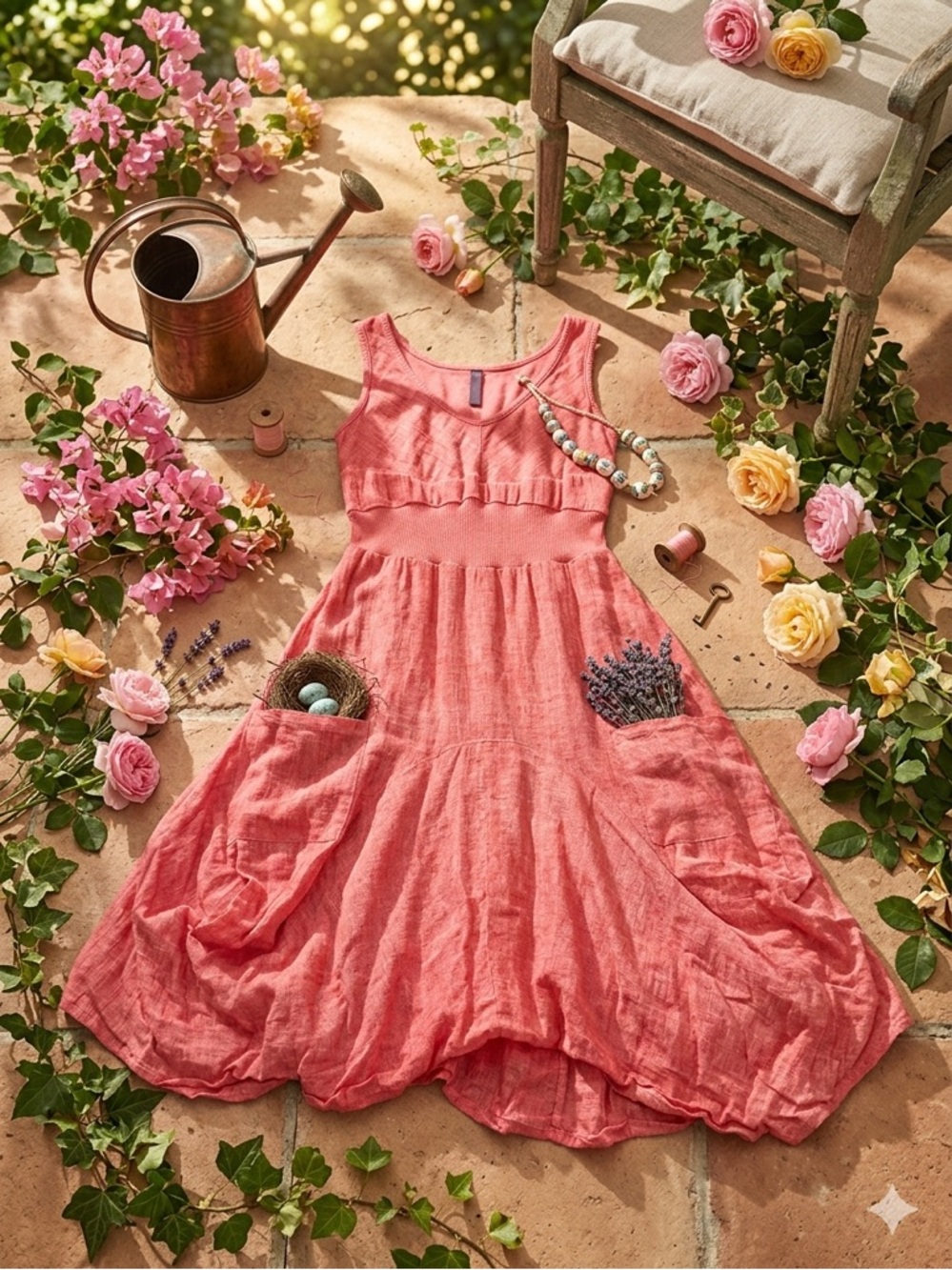 Italian Linen Coral-Pink Midi Dress with Pockets